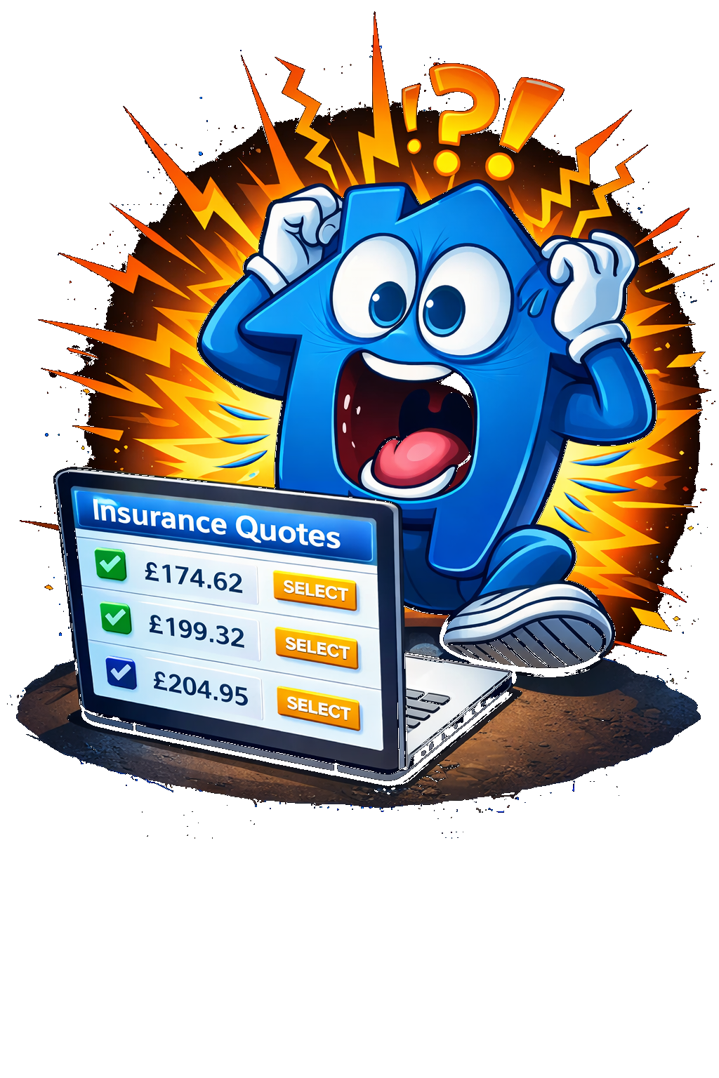 Compare Crazy mascot comparing insurance quotes on a laptop